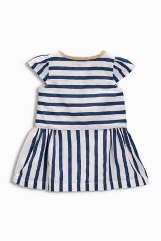 White & Blue Stripe Embroidered Dress (0mths-2yrs)